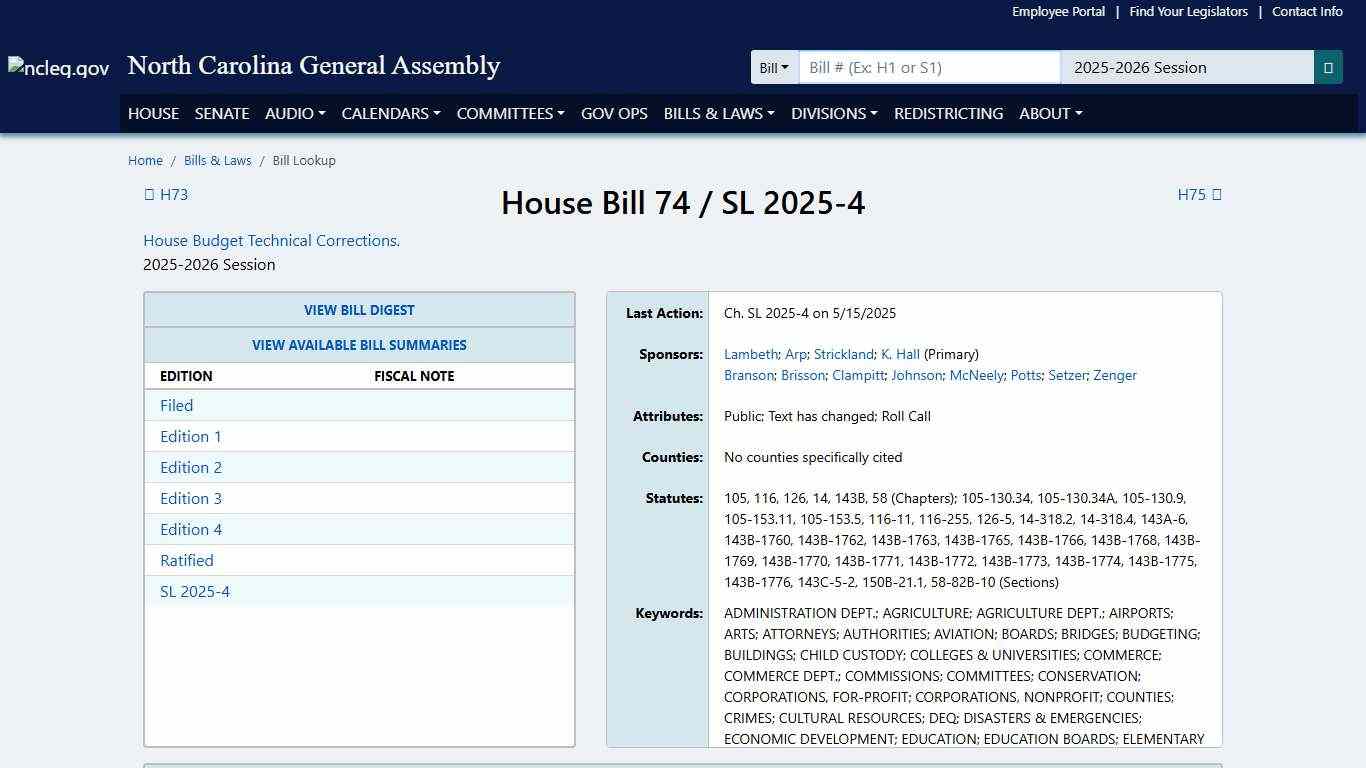 House Bill 74 / SL 2025-4 (2025-2026 Session) - North Carolina General Assembly
